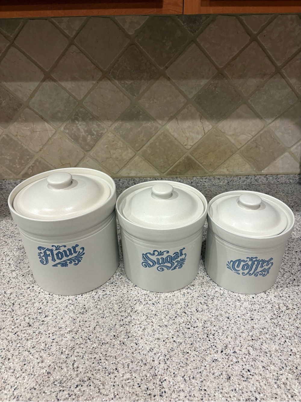 Pfaltzgraff White Ceramic Flour Sugar Coffee Canister Set with Blue Script - Picture 2 of 12